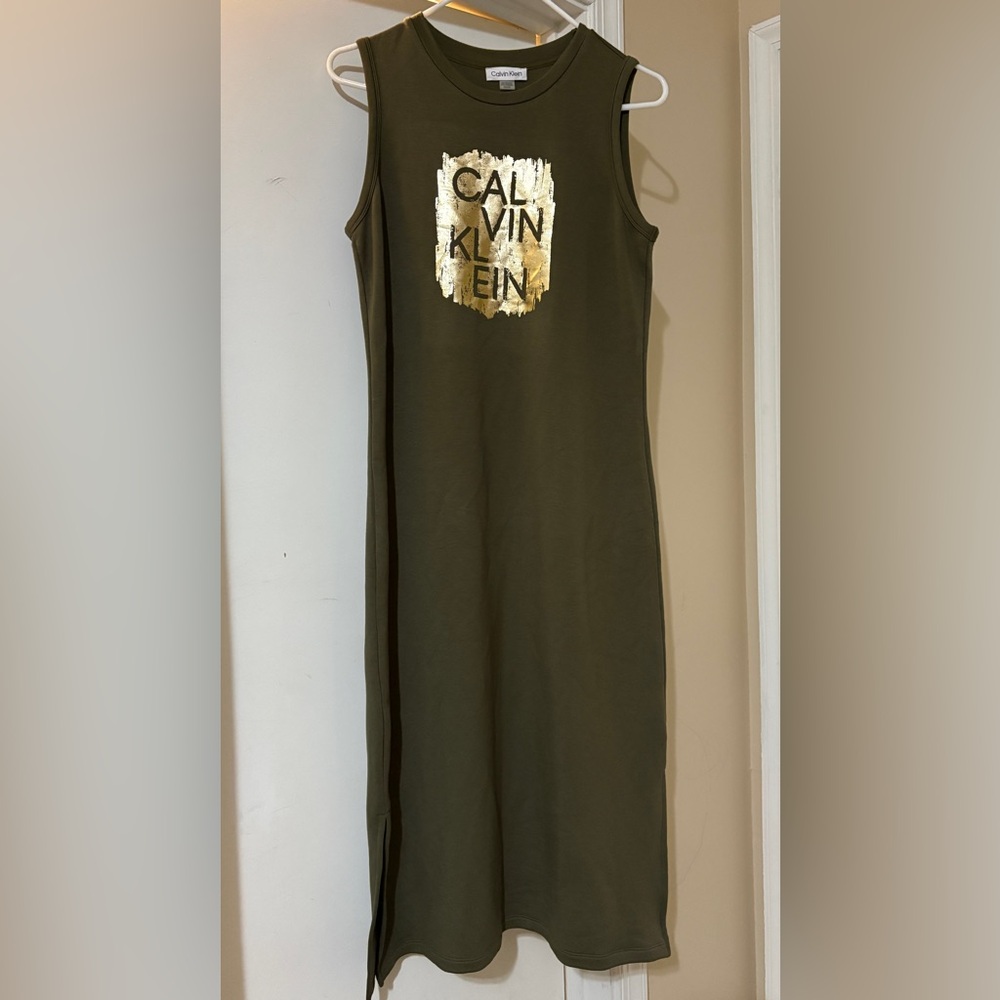 Calvin Klein Logo Green & Gold Logo Rayon Blend Stretchy Dress Size Small